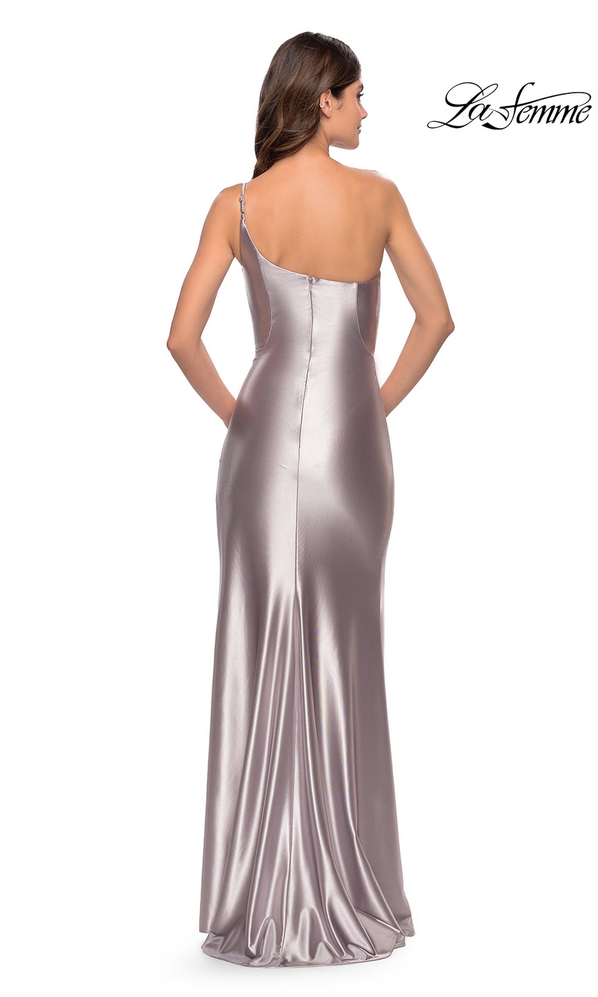 Back view of the silver, floor-length, one-shoulder liquid jersey La Femme 31391 evening gown.