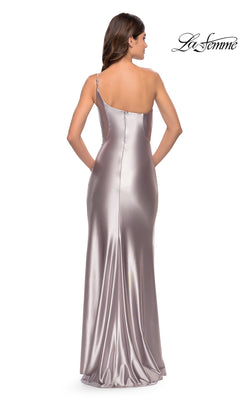 Back view of the silver, floor-length, one-shoulder liquid jersey La Femme 31391 evening gown.
