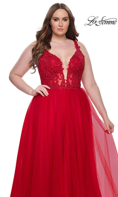 A woman wears the La Femme Long Prom Dress 31394—sleeveless with an embroidered lace bodice and a full tulle skirt—posing against a white background.