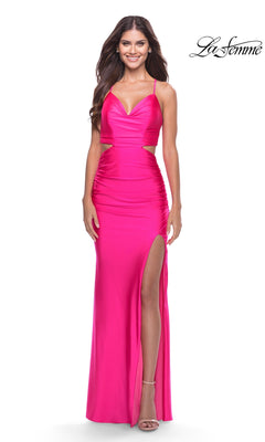 La Femme 31400 neon pink floor-length jersey prom dress featuring a cowl neckline, side cut-outs, and a high leg slit.