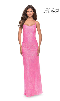 La Femme 31405 full-length, neon pink sequin prom dress featuring a square neckline, thin straps, and side-ruched detailing.