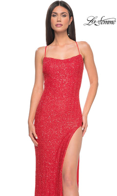 Hot Coral Long Beaded Prom Dress with Lace-Up Back Hot Coral / 00