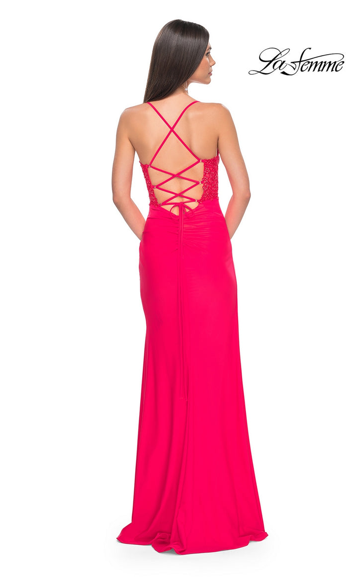 La Femme Bright Hot Coral Long Prom Dress 31440