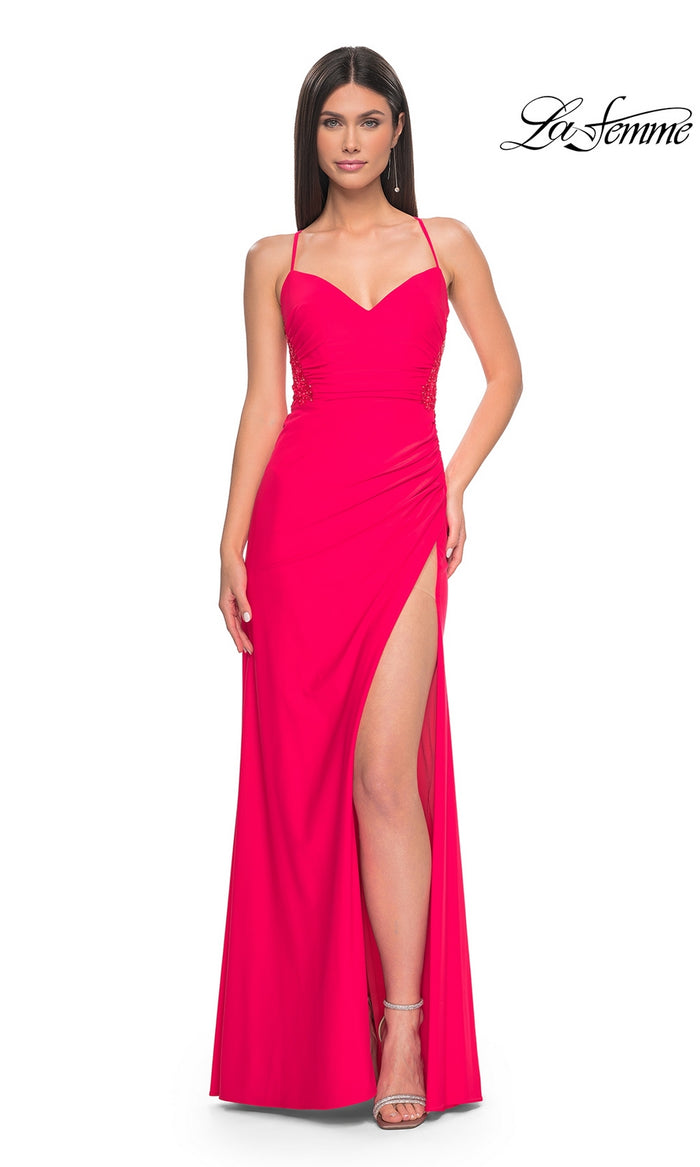 La Femme Bright Hot Coral Long Prom Dress 31440