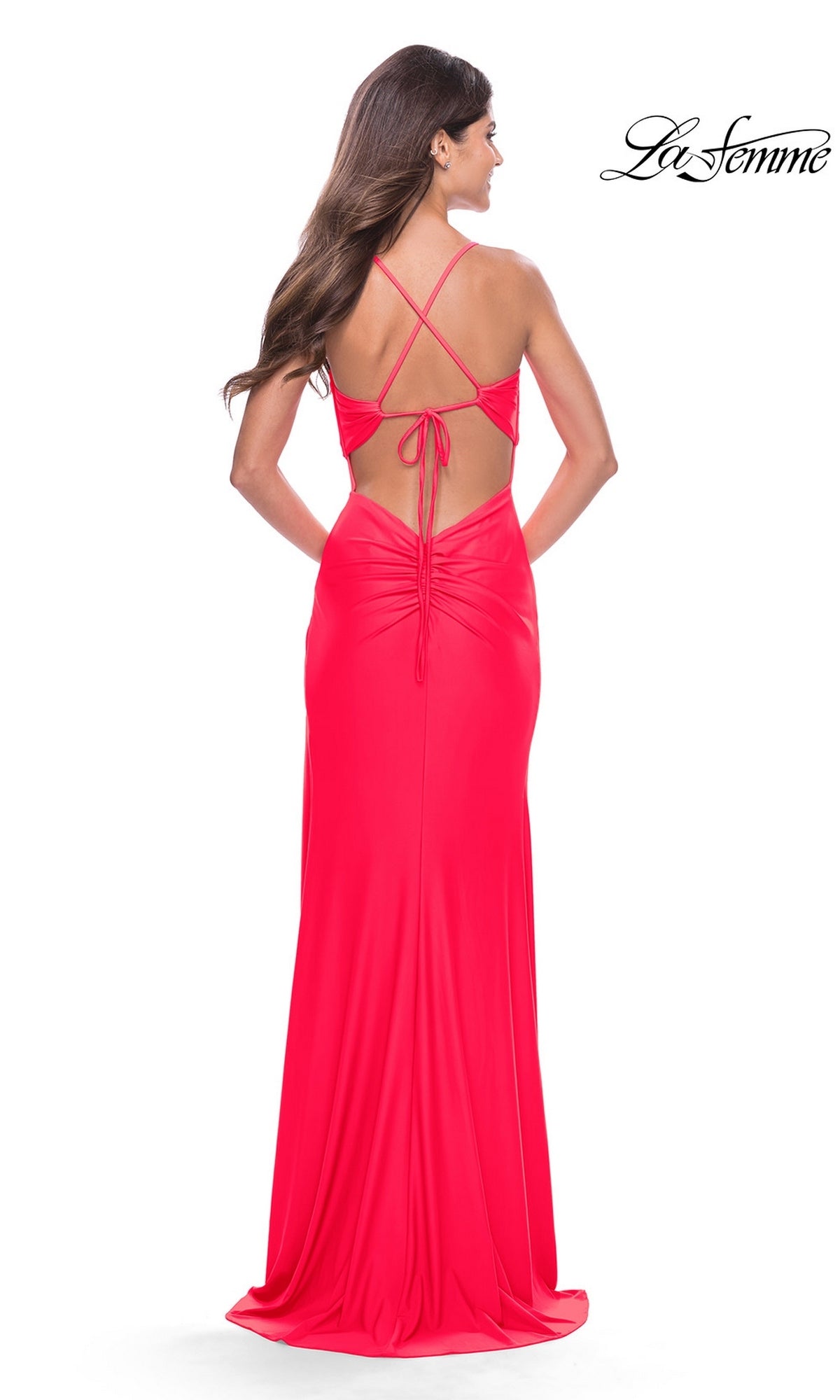 Back view of a floor-length, bright pink Long Prom Dress: La Femme 31446 with a lace-up, open-back design.