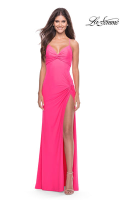 La Femme 31446 floor-length, hot pink jersey prom dress featuring spaghetti straps, twist-knot bodice details, and a high side slit.