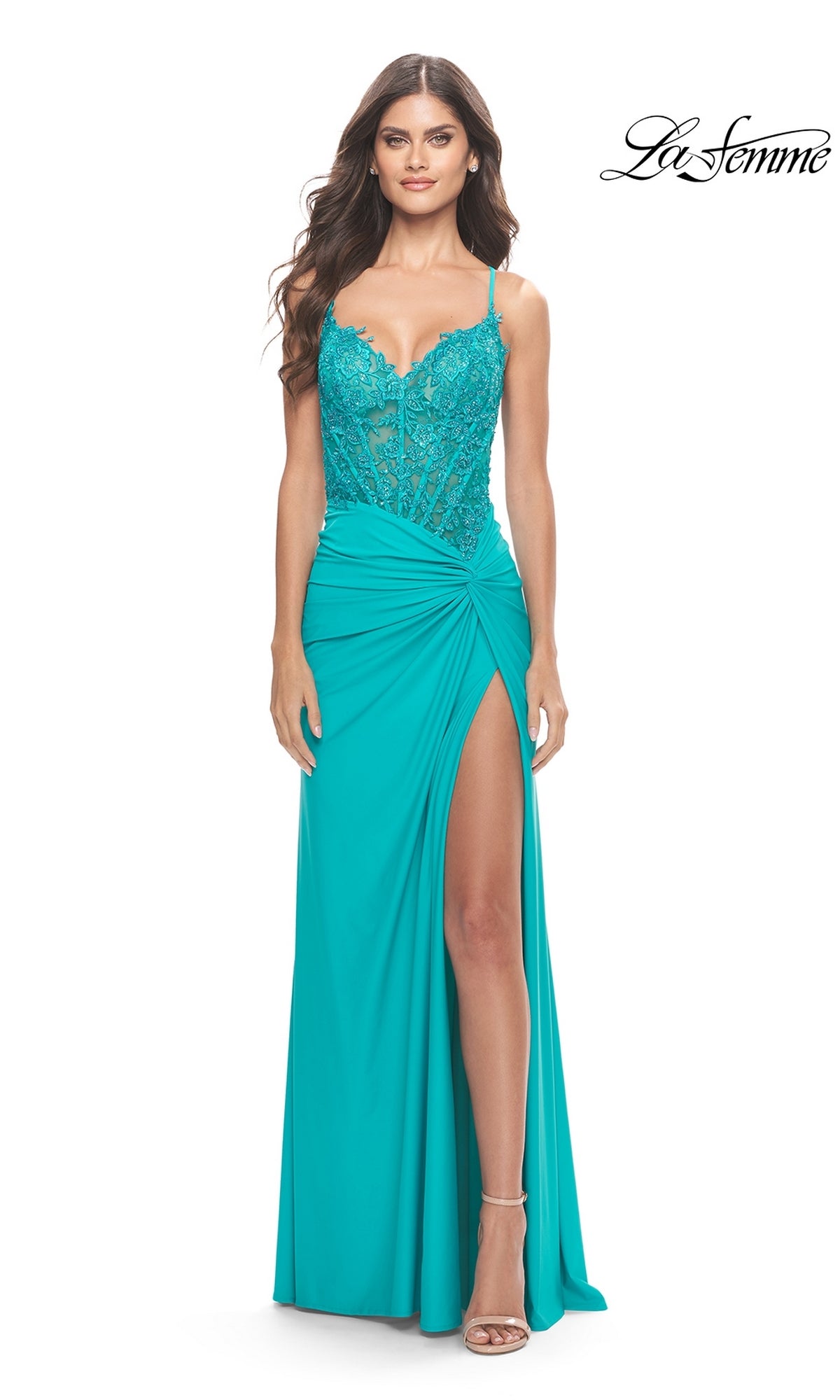 Woman in a turquoise Sheer-Bodice Long Prom Dress (La Femme 31447) with embroidered lace bodice, thin straps, open back, high slit, and ruched skirt; white background with 