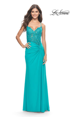 Woman wearing Sheer-Bodice Long Prom Dress: La Femme 31447 in teal, featuring an embroidered bodice, spaghetti straps, and a gathered draped skirt. "La Femme" logo is displayed in the upper right corner.