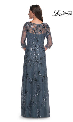 Back view of the Long Formal Dress: La Femme 31458, a slate gray A-line gown with three-quarter sleeves and sheer fabric featuring decorative sequin and bead patterns.