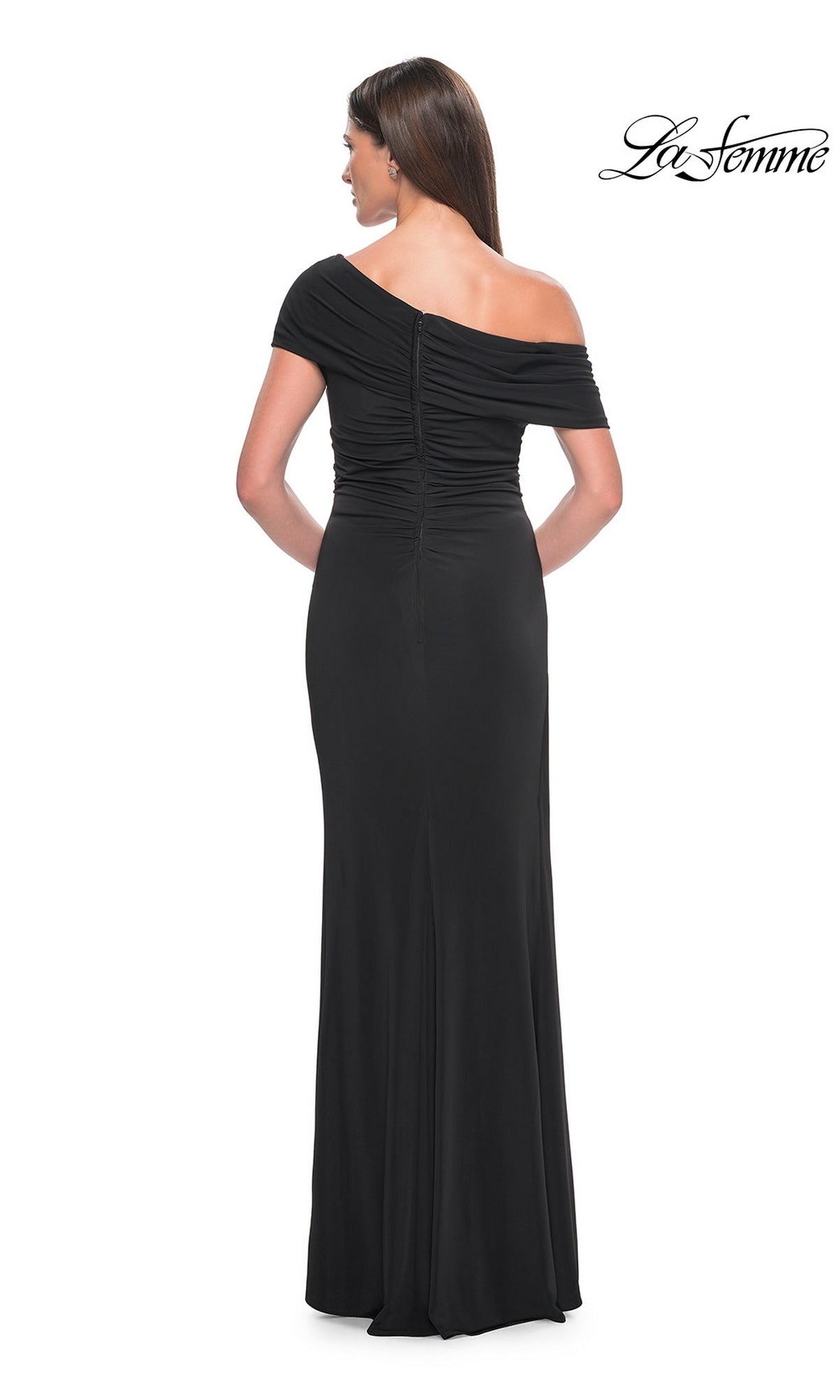 Back view of a Long Formal Dress: La Femme 31459, a floor-length black off-the-shoulder evening gown with a ruched bodice.