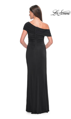 Back view of a Long Formal Dress: La Femme 31459, a floor-length black off-the-shoulder evening gown with a ruched bodice.