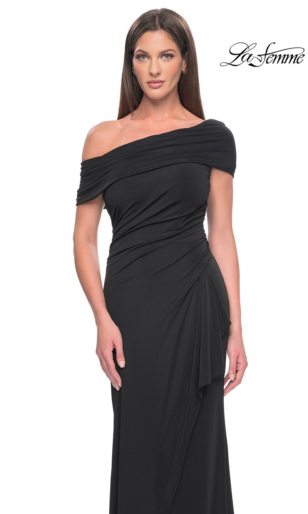 A woman wears a black, floor-length off-the-shoulder Long Formal Dress: La Femme 31459 with side-ruched detailing.