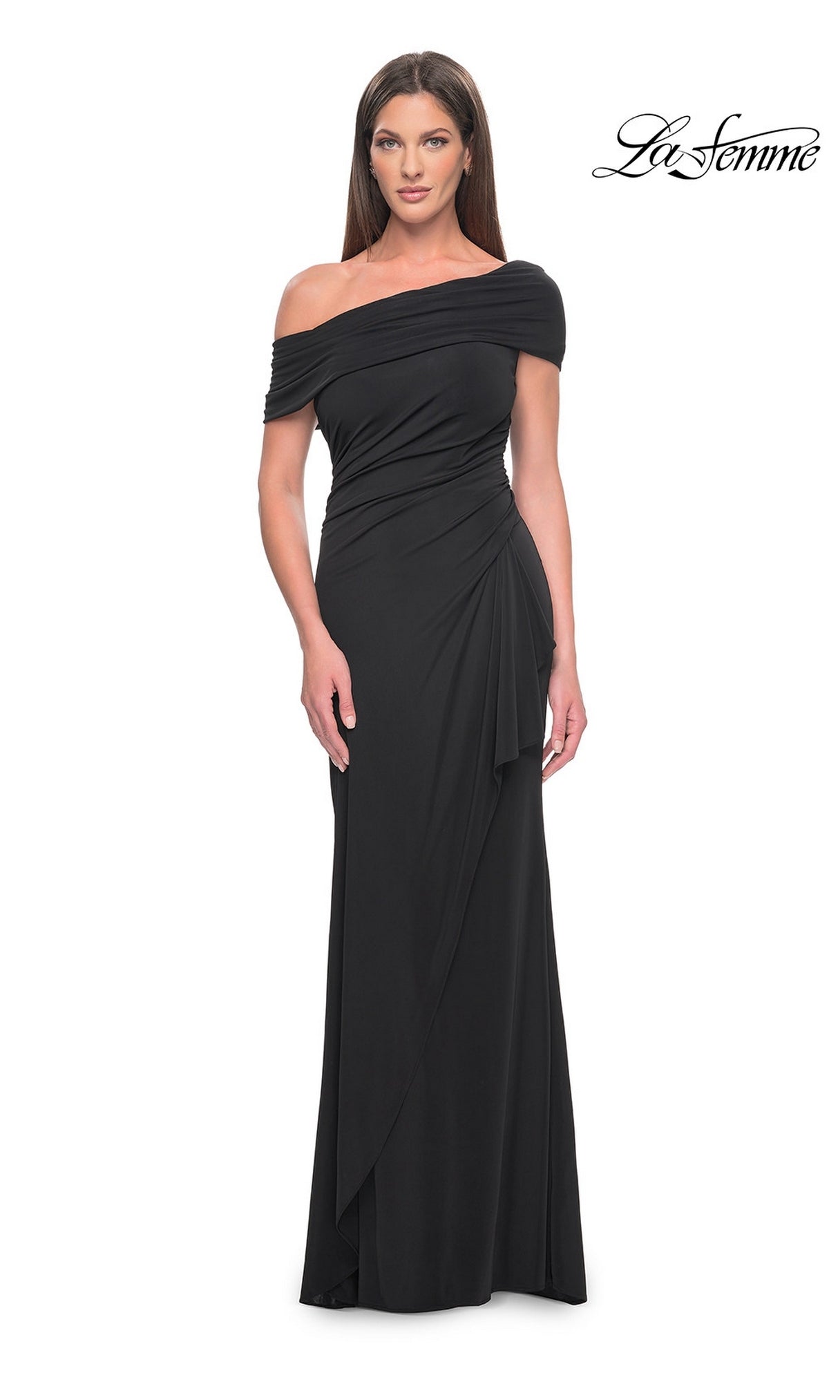 A woman wears a black, floor-length off-the-shoulder Long Formal Dress: La Femme 31459, featuring a draped, wrap-style skirt.