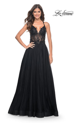 A woman stands and smiles in the La Femme Beaded-Bodice Long A-Line Prom Gown 31471, featuring a black lace bodice and tulle skirt. The La Femme logo is displayed in the top right corner.