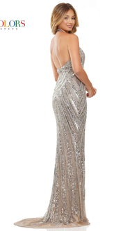 Platinum Silver Low V-Neck Formal Evening Gown 3148