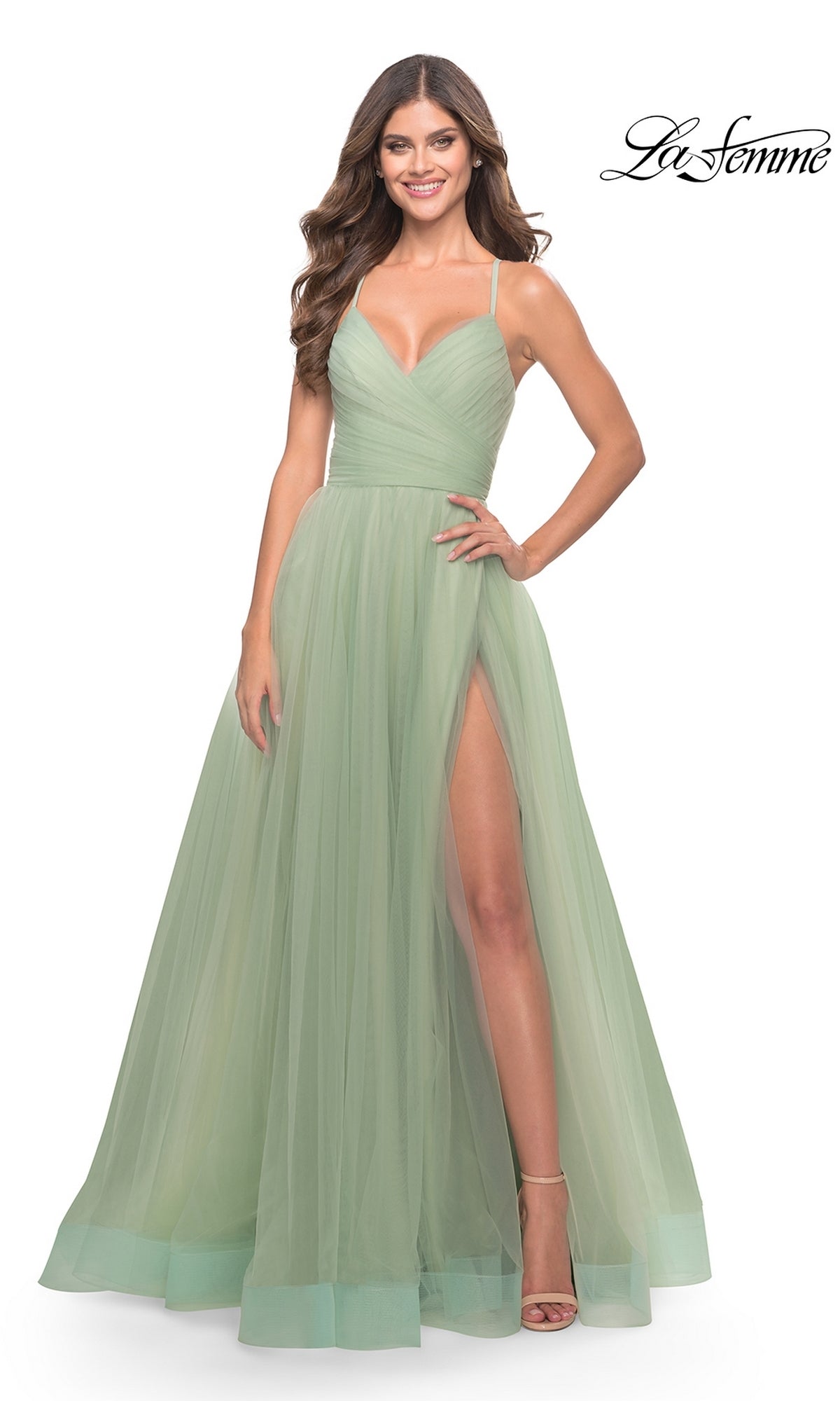 La Femme Wrap-Bodice Long A-Line Prom Dress 31501