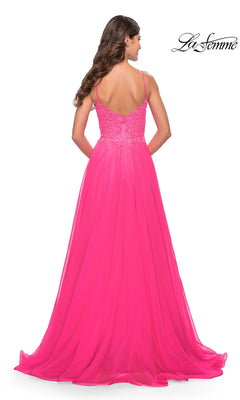 Neon Pink Long Prom Dress with Embroidered Bodice Neon Pink / 00