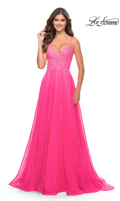 Neon Pink Long Prom Dress with Embroidered Bodice Neon Pink / 00