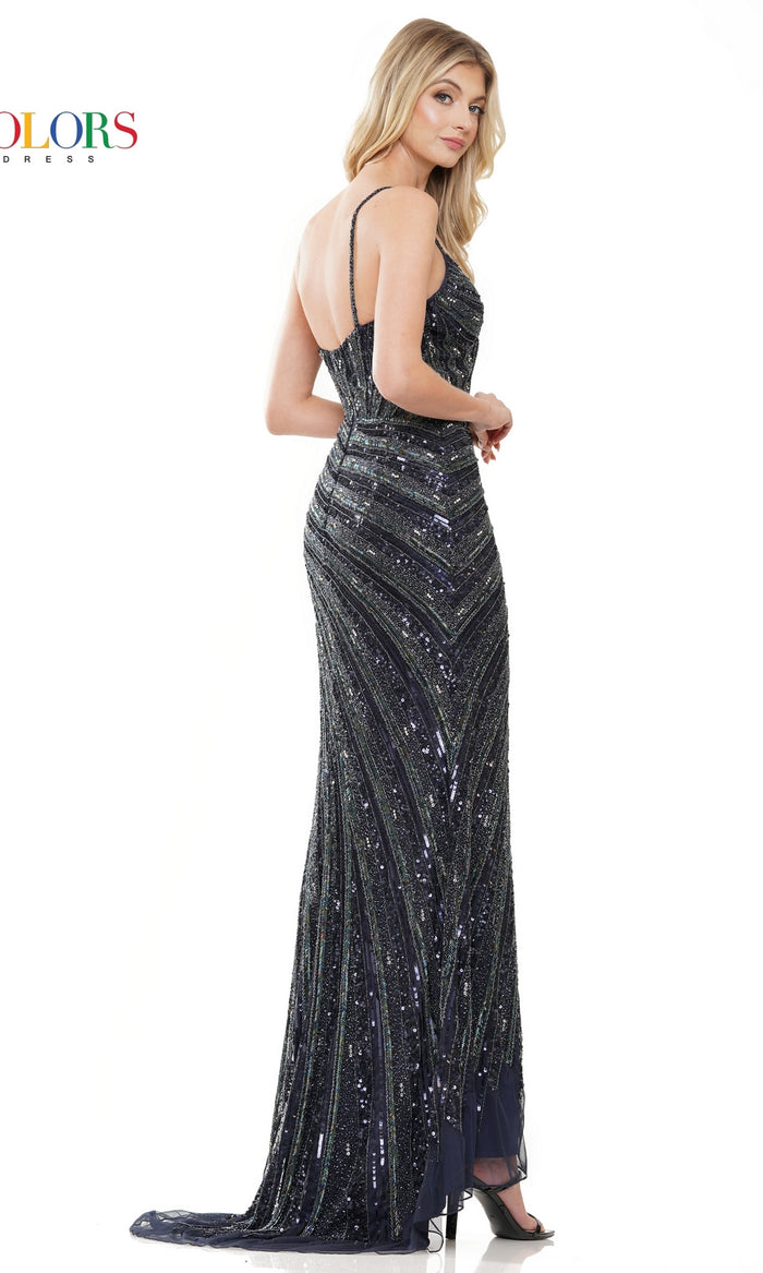 Sequin-Stripe Long Sweetheart Prom Dress 3150