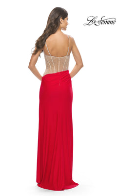 Back view of a Long Prom Dress: La Femme 31537, a floor-length red rhinestone gown with a sheer, beaded corset-style bodice and thin straps.