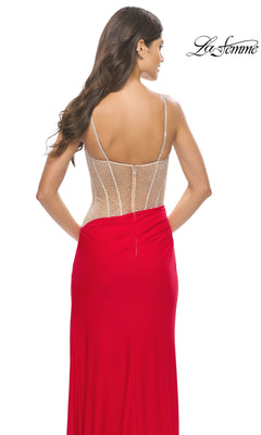 Back view of a floor-length red rhinestone La Femme 31537 prom dress featuring a sheer, rhinestone-embellished corset bodice with thin straps.