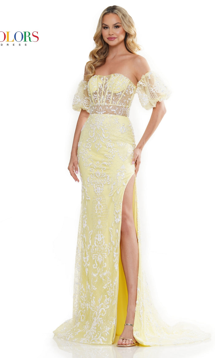 Puff-Sleeve Strapless Long Prom Dress 3160