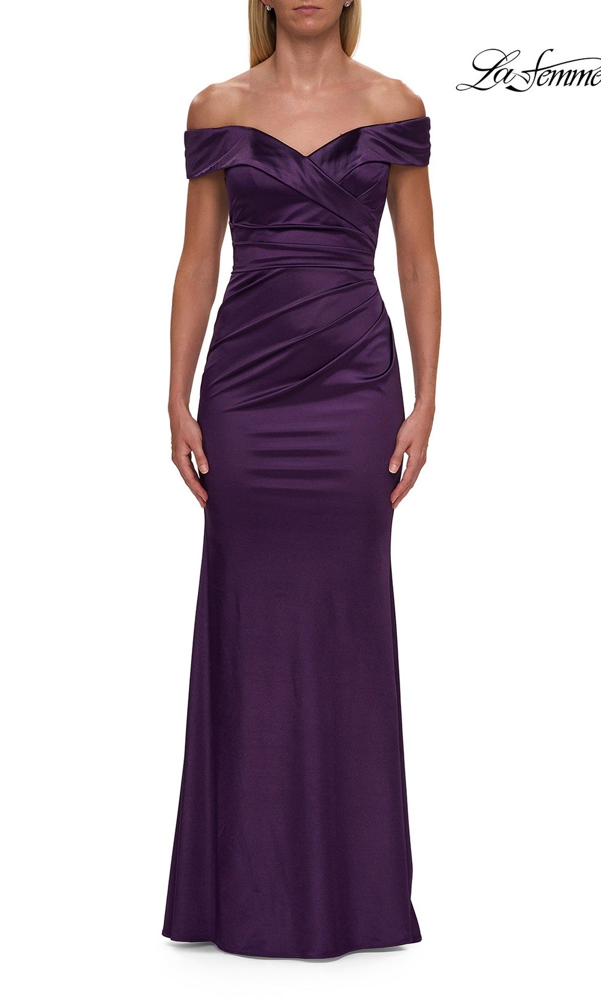 Eggplant-colored Long Formal Dress: La Femme 31621 in stretch-satin with an off-the-shoulder neckline and a draped bodice.