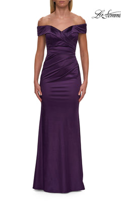 Eggplant-colored Long Formal Dress: La Femme 31621 in stretch-satin with an off-the-shoulder neckline and a draped bodice.