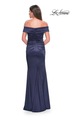 Back view of the Long Formal Dress: La Femme 31621, a floor-length navy blue off-the-shoulder evening gown featuring a ruched bodice in stretch-satin.