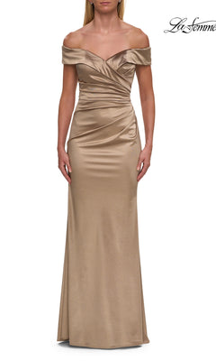 Long Formal Dress: La Femme 31621 in pewter, featuring an off-the-shoulder sweetheart neckline and a gathered bodice.