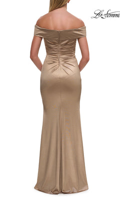 Back view of the Long Formal Dress: La Femme 31621 in gold, featuring a floor-length stretch-satin skirt, a ruched off-the-shoulder bodice, and a zipper closure.