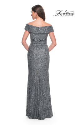 Back view of the floor-length gray sequined La Femme 31679 gown, featuring an off-the-shoulder design with a folded neckline and a ruched back.