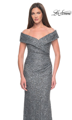 Long Formal Dress: La Femme 31679 in a grey, off-the-shoulder formal style with sequin embroidery and a draped, floor-length bodice.