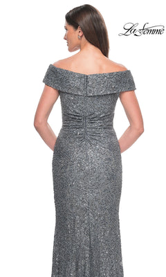 Back view of a grey Long Formal Dress: La Femme 31679 off-the-shoulder gown featuring a sequined lace overlay and ruched detailing at the center back.
