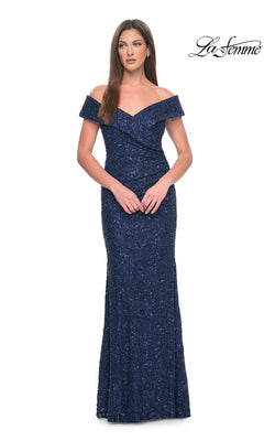 Long Formal Dress: La Femme 31679 floor-length, off-the-shoulder navy blue sequined evening gown with a V-neckline and gathered waist detail.