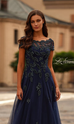 Short-Sleeve Long Navy Blue Formal Dress with Beads – PromGirl