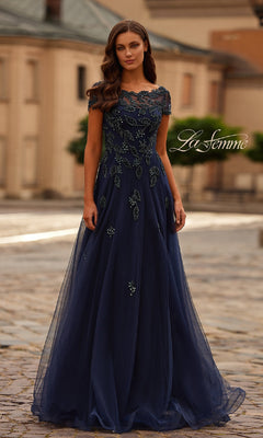 Short-Sleeve Long Navy Blue Formal Dress with Beads Navy / 12 Short-Sleeve Long Navy Blue Formal Dress with Beads Navy / 12