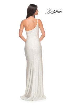A woman models the La Femme Beaded One-Shoulder Long Prom Dress 31699, featuring subtle sparkling embellishments, with her back to the camera. The La Femme logo appears in the top right corner.