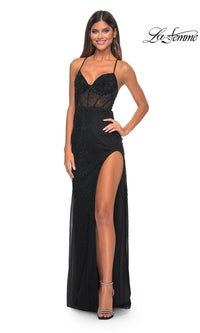 La Femme Sheer-Corset Long Beaded Prom Dress 31701