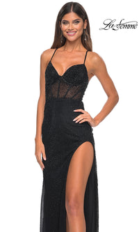 La Femme Sheer-Corset Long Beaded Prom Dress 31701