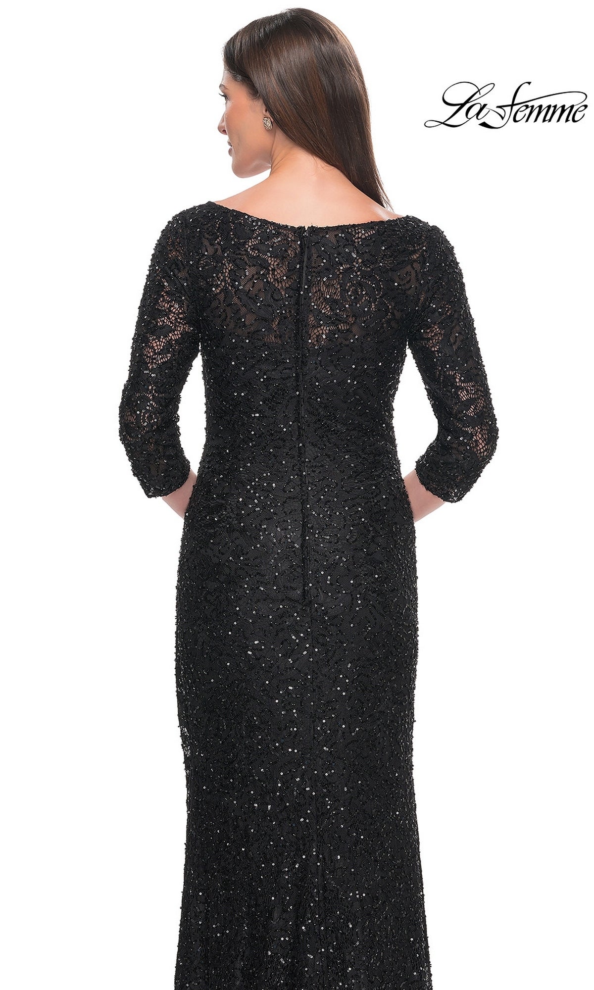 Back view of the Long Formal Dress: La Femme 31721, a black, floor-length beaded lace gown with three-quarter sleeves.