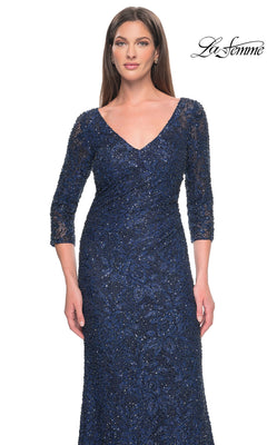 Long Formal Dress: La Femme 31721 in navy blue, featuring a V-neckline, three-quarter length sleeves, and an all-over sequined lace overlay.