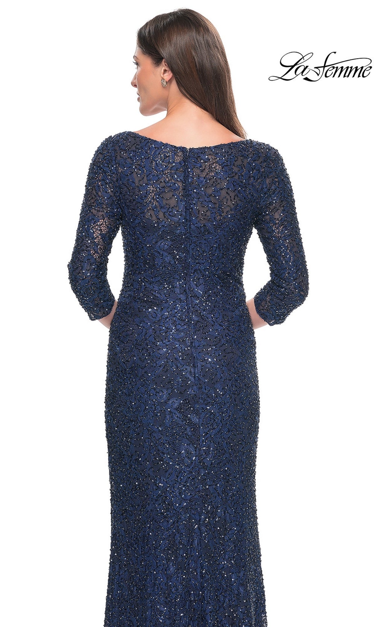 Back view of the floor-length, navy blue beaded lace Long Formal Dress: La Femme 31721, featuring long sleeves and intricate detailing.