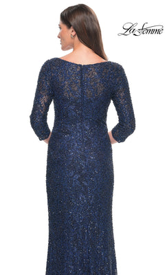 Back view of the floor-length, navy blue beaded lace Long Formal Dress: La Femme 31721, featuring long sleeves and intricate detailing.
