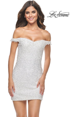 Smiling woman wearing the La Femme Fringed Short Homecoming Dress 31727, standing against a white background with the La Femme logo.