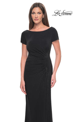 La Femme 31773: a black, short-sleeved floor-length jersey formal dress with a boat neckline and side-waist ruching embellished with small stones.