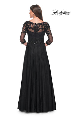 Back view of the Long Formal Dress: La Femme 31776, a black floor-length modest dress with three-quarter sleeves and sheer lace detailing on the shoulders and bodice.