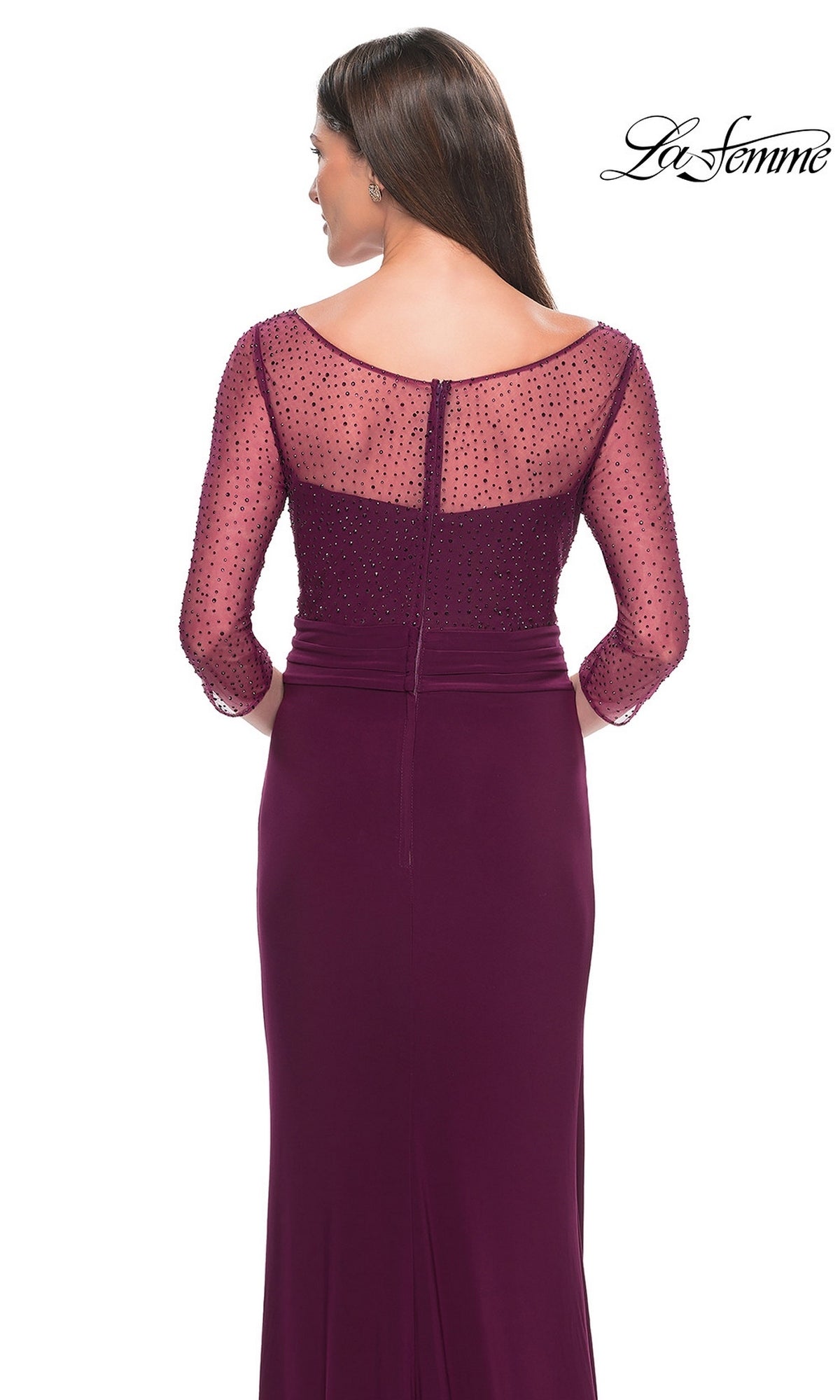 Back view of the Long Formal Dress: La Femme 31777, a long, dark purple evening gala dress featuring a sheer, beaded-mesh neckline and three-quarter length sleeves.