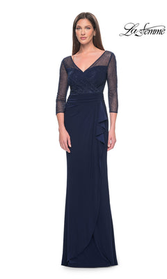A navy Long Formal Dress: La Femme 31777 with a beaded bodice, sheer three-quarter sleeves, and a side-draped skirt.