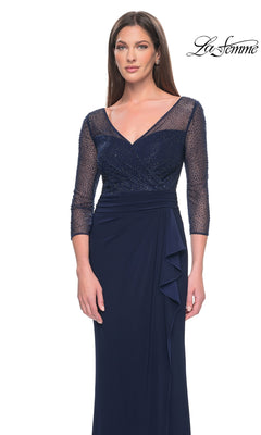 La Femme 31777 navy blue floor-length jersey formal dress featuring a V-neckline, three-quarter length beaded sleeves, and a draped skirt detail.